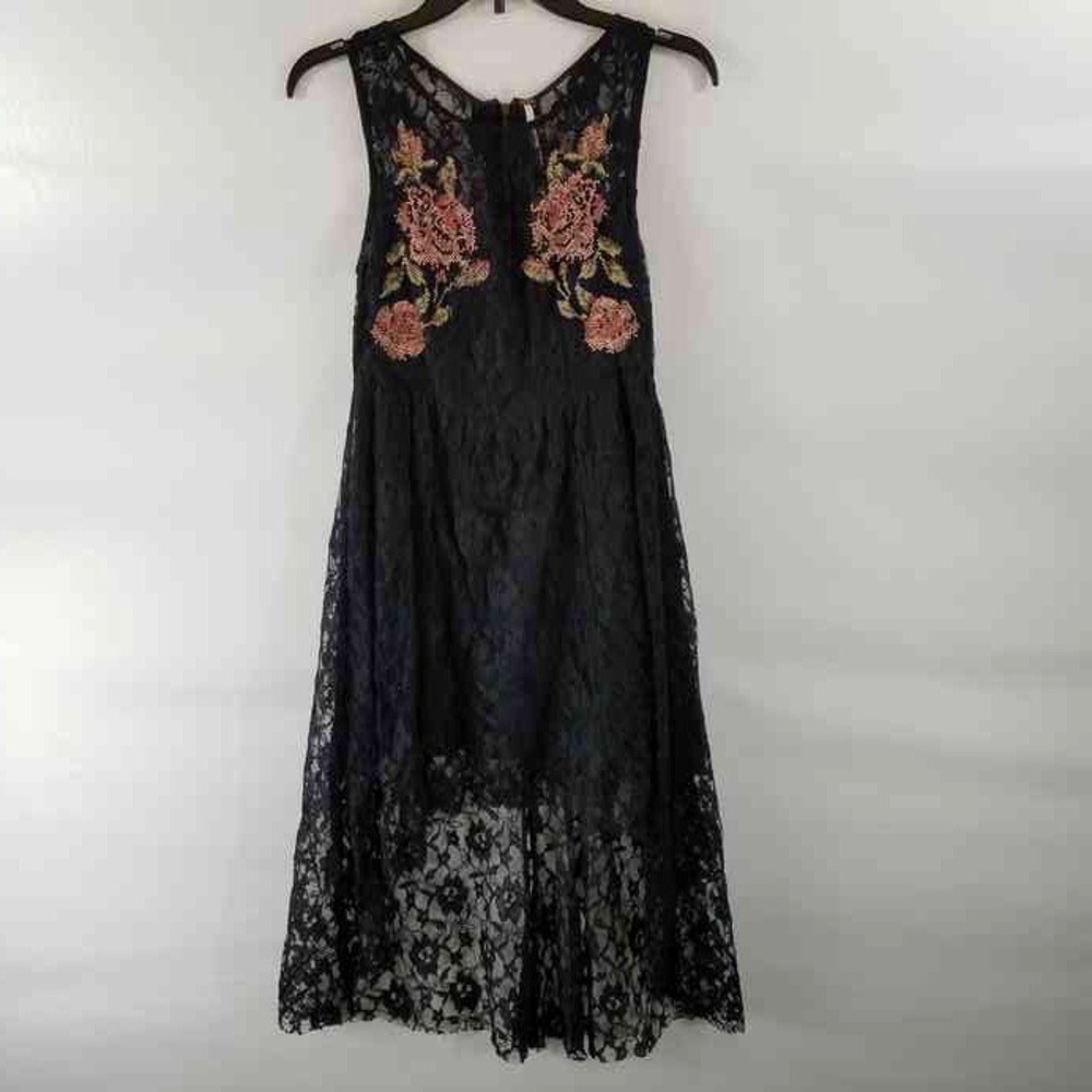 045 Free People Black Lace Dress Hi-Lo with Embroidery